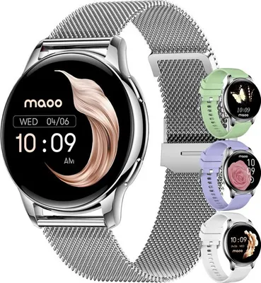 Produktbild von Maoo Ventura AMOLED Smartwatch Damen, RVS und 3x Silikonarmband, Schrittzähler, Herzfrequenzmesser, Schlafmonitor, Multisport, Android & iOS, Silber