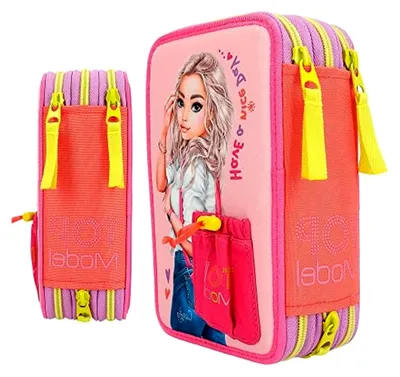 Produktbild von TOPModel - Gefüllte 3-Fach Federtasche in Rosa, mit Model-Motiv und Vordertasche, Federmäppchen mit Buntstiften, Schere, Lineal uvm.