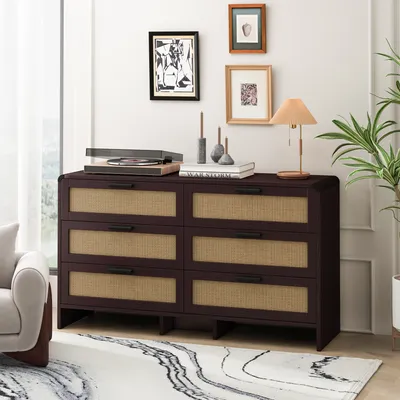 Produktbild von MODFU  Sideboard Kommode Buffetschrank   mit 6 Schubladen aus Rattan, Beistellschrank  für Wohnzimmer, Schlafzimmer und Küche,Braun