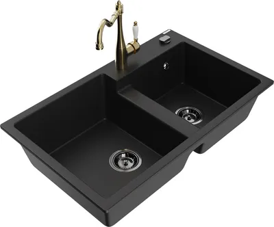 Produktbild von Mexen Tomas 2-Becken-Granitspüle mit Mischbatterie Carla, Schwarz - 6516-77-670700-50-B