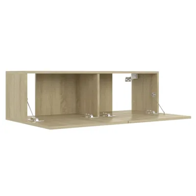 A wall-mounted TV cabinet with two open compartments and two doors.