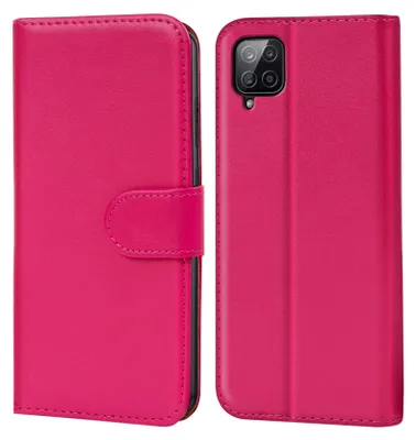A pink flip case for a smartphone is shown from two angles, open and closed.