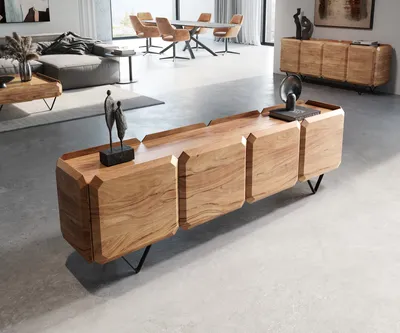 Produktbild von DELIFE Lowboard Kiano 200 cm Akazie Natur 4 Türen V-Fuß Schwarz Raumteiler