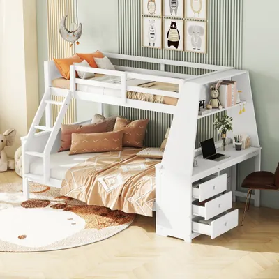 Image de OKWISH Lit Superposé Enfant 90x200 cm et 140x200 cm - Avec Bureau et Tiroirs, Bois Massif et MDF, Sans Matelas, Blanc