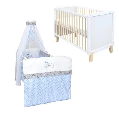 Produktbild von Babybett Kinderbett Gitterbett Lou 60x120 Weiß Natur Schutzgitter Matratze Bettwäsche Set 10tlg Prince Stars