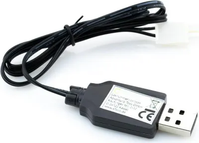 A close-up shot of a USB charging cable with a Mini Tamiya connector.