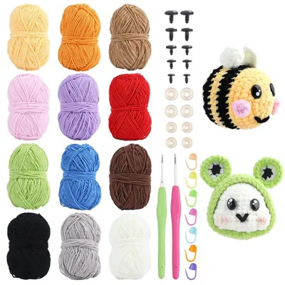 Chenillegarn-Set 12 Farben mit Sicherheitsaugen und Häkelnadeln