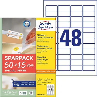 Immagine prodotto di AVERY Zweckform L4736REV-65 3.120 AVERY Zweckform Etiketten weiß 45,7 x 21,2 mm