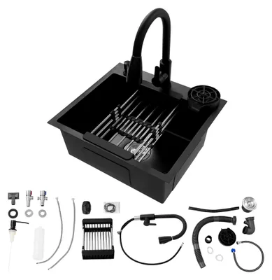 Produktbild von Edelstahl Spülbecken 50 x 45 cm,Spüle Schwarz mit Ausziehbare Wasserhahn und Tassenspüler,Multifunktionale Küchenspüle 1 Becken,Einbauspüle,inkl. Abflussrohr,Seifenspender,Siebkorb