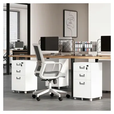 Produktbild von Rollcontainer Aktenschrank mit 3 Schubladen und Hängeregistratur, mobiler Büroschrank für Arbeitszimmer, Wohnzimmer, Büro in Weiß