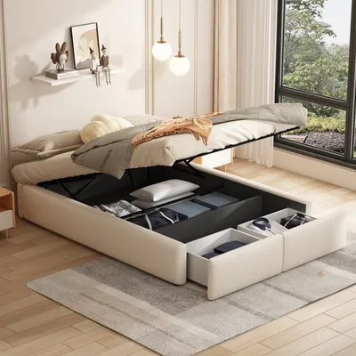 A bedroom scene with a bed that has storage underneath.