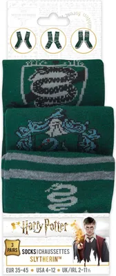 A product package for Harry Potter Slytherin socks, showing the socks and a character from the movie.