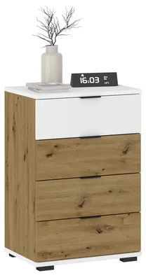 Zdjęcie produktu dla Nocny stolik PIANO Artisan, dąb/biały, komoda nocna do łóżek z materacem sprężynowym, szafka nocna z 4 szufladami i uchwytami z tworzywa sztucznego, korpus wykonany z MDF/płyty wiórowej