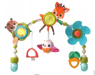 A baby mobile with forest-themed characters.
