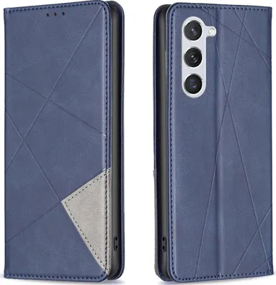 A product shot of a blue flip phone case, shown from the front and back.