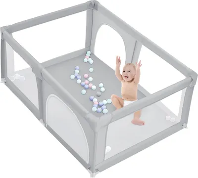Produktbild von Baby Laufgitter Faltbar 180x120cm,mit 50 Spielbällen,Rutschfester Absperrgitter,Große Sicherheitsspielplatz Grau