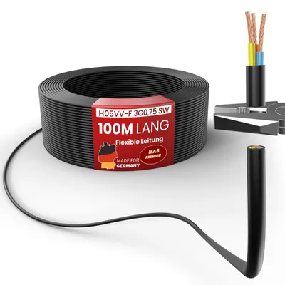 Immagine prodotto di Cavo flessibile H05VV-F, nero, da 100 metri, sezione 3G0,75, per uso come cavo di alimentazione per apparecchiature