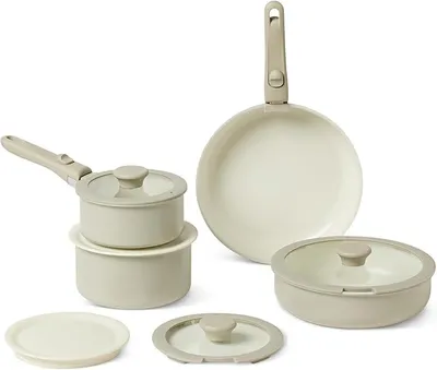 Imagen del producto de Juego de utensilios de cocina antiadherentes de cerámica Silecomplaza, con mangos desmontables, juego de 11 piezas, apto para todo tipo de cocinas, color gris lino