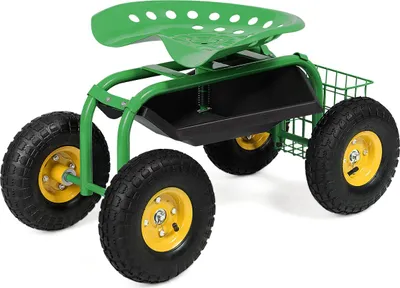 Obrázok produktu pre Záhradný vozík na kolieskach, mobilný pracovný vozík s nastaviteľnou výškou, sedadlom otočným o 360°, zásobníkom na náradie a úložným košom, s kolieskami, zelený