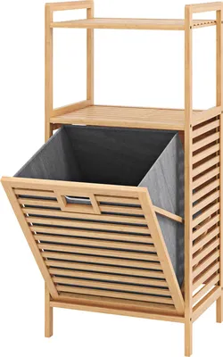 Produktbild von GOPLUS Badregal mit Wäschekorb, Badschrank mit 2 Regalen, Ausklappbarer Korb aus Stoff, Bambusstruktur, 2 praktische Griffe, 43,5 x 33 x 96 cm