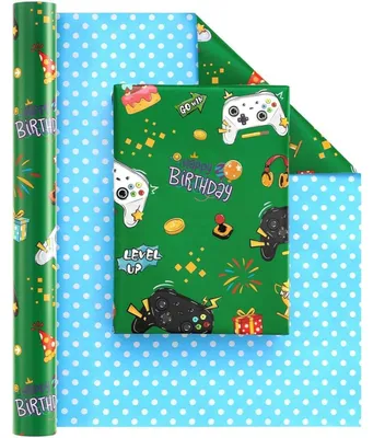 Produktbild von Geschenkpapier Videospiel 1 Rolle 43cm x 10m Wendbar Grün/Blau Tupfen