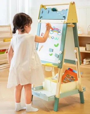Productafbeelding van Houten ezel voor kinderen, whiteboard en krijtbord, dubbelzijdig, met papierrol, in hoogte verstelbaar tekenbord met magneten, verfpotjes, dienblad