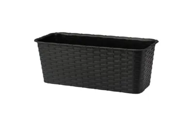A black rectangular planter box with a woven texture.