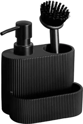 Produktbild von Excellent Houseware | Spülmittelspender - Küchenspender - 13 x 10 x 16 cm - Schwarz - Seifenspender - mit Schwammhalter und Bürste