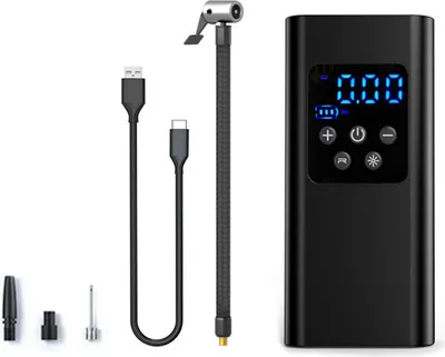 Obrázek produktu pro Vzduchový kompresor do auta, elektrické vzduchové čerpadlo 150PSI 4 režimy a přednastavená funkce 6000mAh baterie, se 3 tryskami LED světlo pro auto, motorku, míč