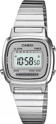 A silver digital Casio watch is shown against a white background.