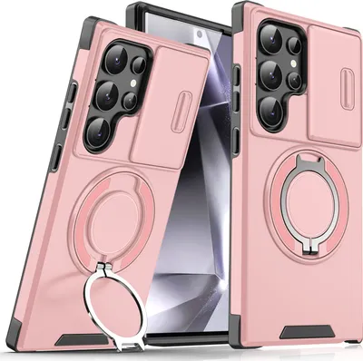 Obrázek produktu pro Dvouvrstvé pouzdro pro Samsung Galaxy S24 Ultra, s posuvným krytem fotoaparátu a magnetickým kroužkovým stojánkem Růžový