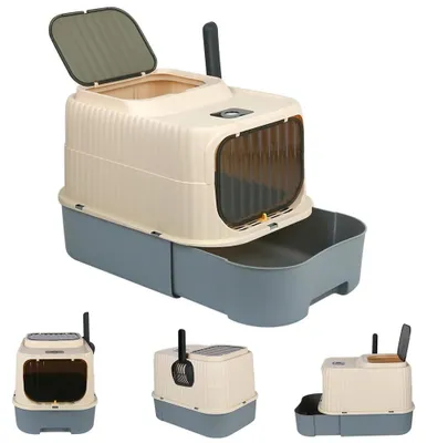 Produktbild von Katzentoilette - Geschlossene Katzenklo Box - Mit Deckel und Schaufel - Ausziehbare Schublade - Geruchskontrolle - Groß - Kunststoff - Grau