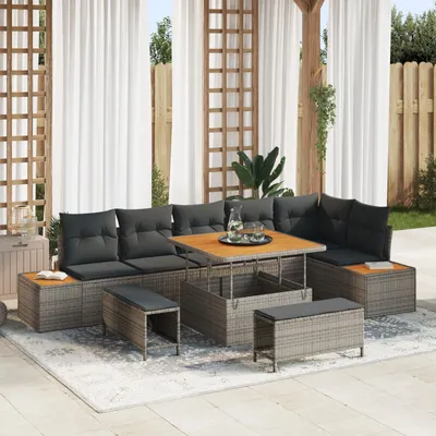 Produktbild von Möbel 9-teiliges Garten-Sofa-Set mit Kissen Grau Poly Rattan Akazie - Gartensofas 3364878
