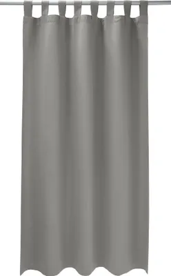 A gray curtain hanging from a rod.