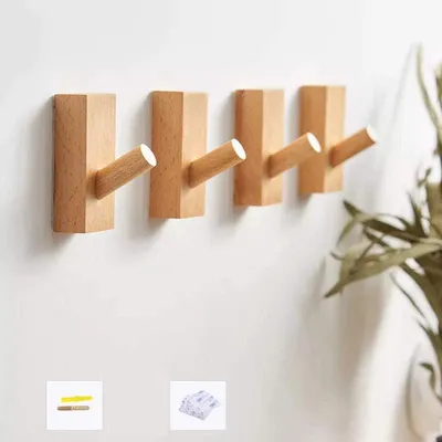 Produktbild von Selbstklebend Wandhaken Holz, Kleiderhaken, Klebehaken, Dekorative Garderobenhaken Holz, Vintage Garderobe,Holzhaken,Huthaken (Buche-Rechteck-4er Set)