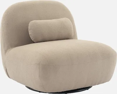 A single beige armchair with a small bolster pillow is shown against a white background.