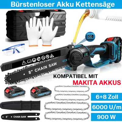 Produktbild von AKKU Mini-Kettensäge 6+8 Zoll, 2x 21V 2.0Ah, 28000RPM 900W, Bürstenloser Elektrokettensägen, Automatische Kettenspannung & Schmierung, Handkettensäge