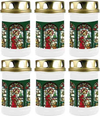 Productafbeelding van 6 witte kaarsen, brandduur: 48 uur (per kaars), motief: raam, groen