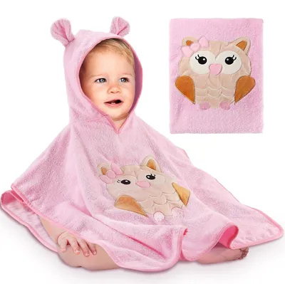Produktbild von Baby-Bademantel mit Kapuze - 100% Baumwolle - Rosa Eulen