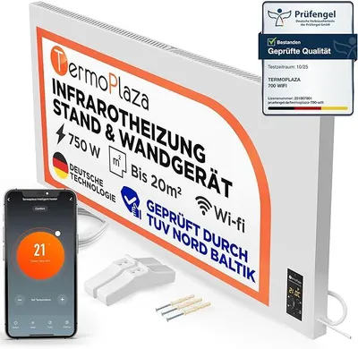 Image de Chauffage infrarouge avec thermostat, de 750 W jusqu'à 20 m². | Panneau de chauffage infrarouge mural intelligent et appareil de chauffage sur pied. | Chauffage électrique infrarouge économe en énergie et convecteur pour la maison et la salle de bain