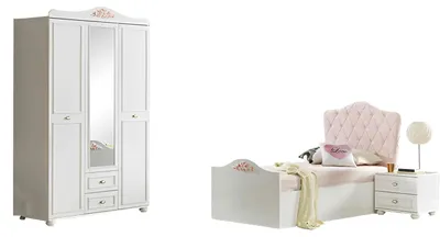 Immagine prodotto di Camera dei bambini letto per bambini comodino legno mobili per bambini armadio 3 pezzi bianco