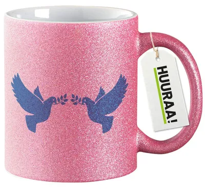 Produktbild von Huuraa Glitzertasse Friedenstauben 330ml Pink Keramik Kaffeebecher Geschenkidee