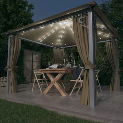 Image de Pavillon avec rideaux & guirlande lumineuse LED 300x300 cm Taupe Alu