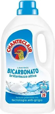 A bottle of laundry detergent with a blue cap and a label featuring a rooster logo.
