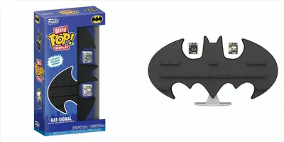 A product shot of a Funko Bitty Pop! Bat-Signal display in its packaging, and a separate image of the Bat-Signal display stand.