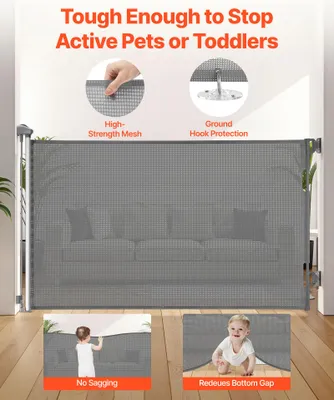 Image de SucceBuy Barrière bébé et chien rétractable, extensible jusqu'à 145 cm de large et 98 cm de haut, barrière de sécurité pour escaliers avec fermeture de sécurité, barrière de protection en filet pour escaliers, couloirs, intérieur et extérieur, grise