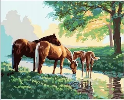 Image de Mosaïque diamant, famille de chevaux près d'une rivière, 30x40 cm, créative