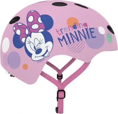 A pink bicycle helmet with Minnie Mouse graphics and polka dots.