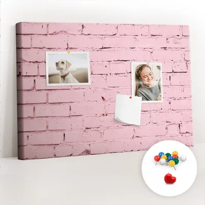 Obrázok produktu pre Korková tabuľa s kolíčkami - Tabuľa s kolíčkami na fotografie a poznámky - 60x40 cm - Farebné kolíčky 100 ks - Tehlová stena