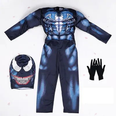 A Venom costume laid out flat on a white background.
